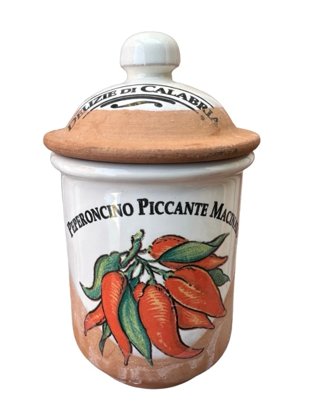 Vintage Italian Ceramic Condiment Jar Hand Painted Peperoncino Piccante Macinato